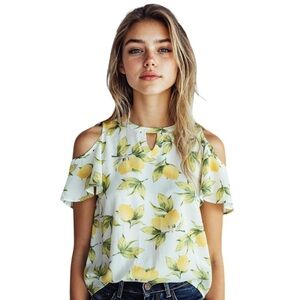 NWT White & Yellow Lemon Printed Cold Shoulder Pop Over Top